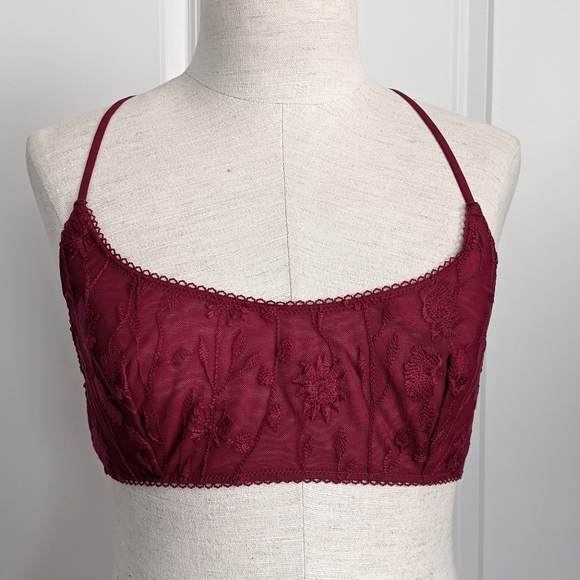 Free People Other - Free People Bralette Racerback Embroidered Mesh Light Support 36A-C Berry NWT